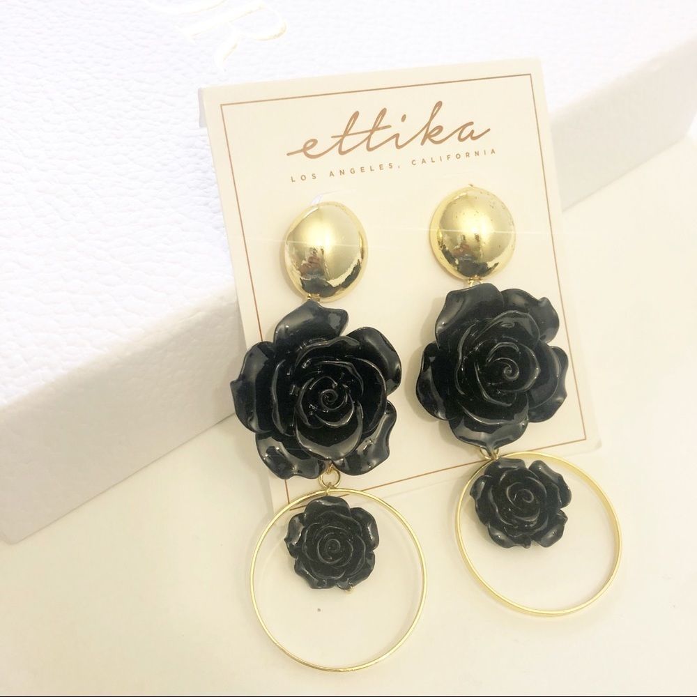 Ettika x Revolve Dangle Statement Earrings Black Rosebuds 18K Gold Plated OS